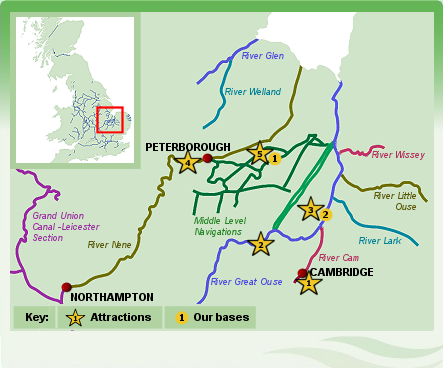 Map of the Fenland Waterways - narrowboat holiday in Cambridgeshire